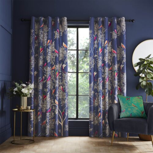 Smokey Birds Blue Ready Made Curtains