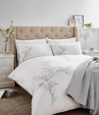 Pussy Willow Embroidered Dove Grey Bedding