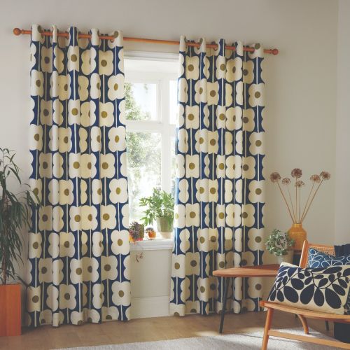 Abacus Flower Navy Ready Made Curtains